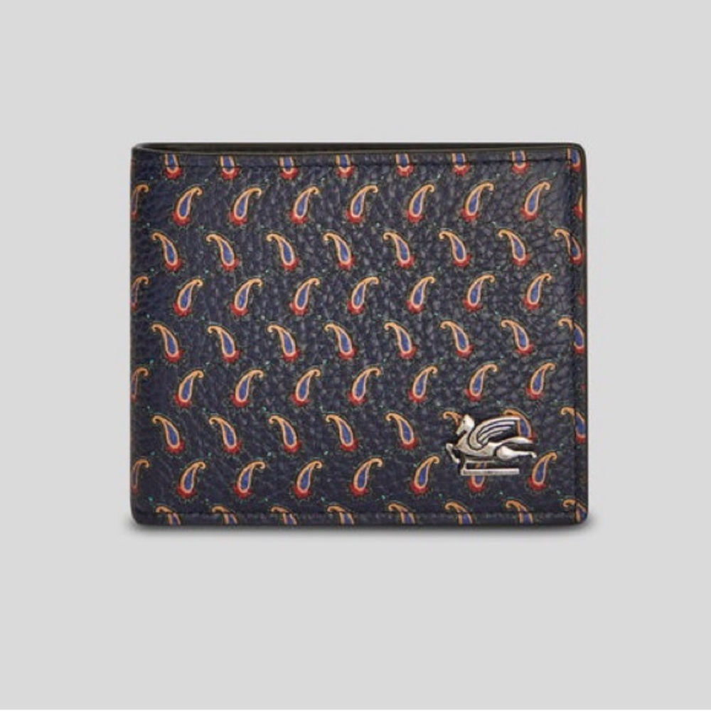 $550 NWT Etro MICRO PAISLEY Printed Calf LEATHER WALLET WITH PEGASO logo Blue